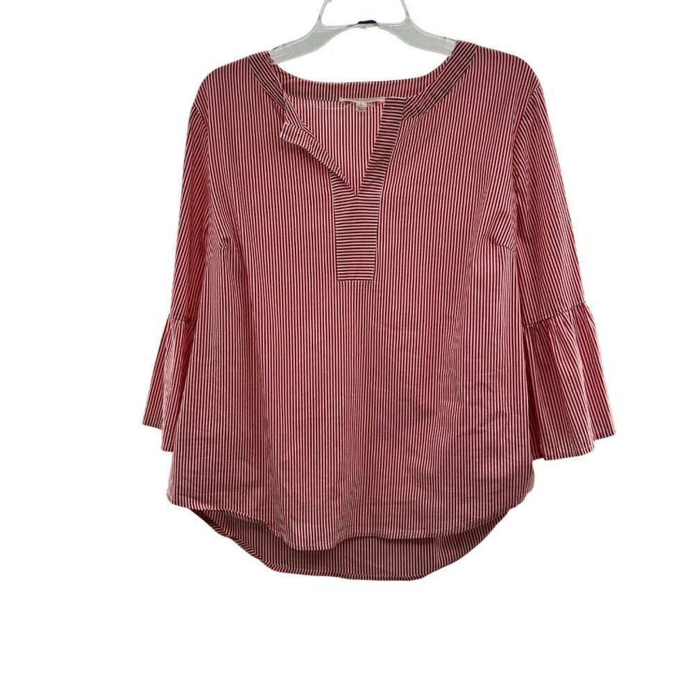 Grand & Greene Women's Striped Pullover Top Red/White 3/4 Flare Sleeve Sz Large